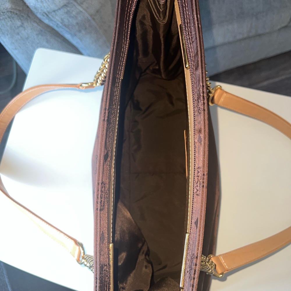 MCM Brown Monogram Tote with Gold Chain and Tan Leather Straps - Picture 10 of 15